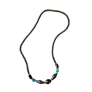 Vintage Alaskan Black Diamond Blue Stone Gold Bead Necklace Hematite Agate 90s